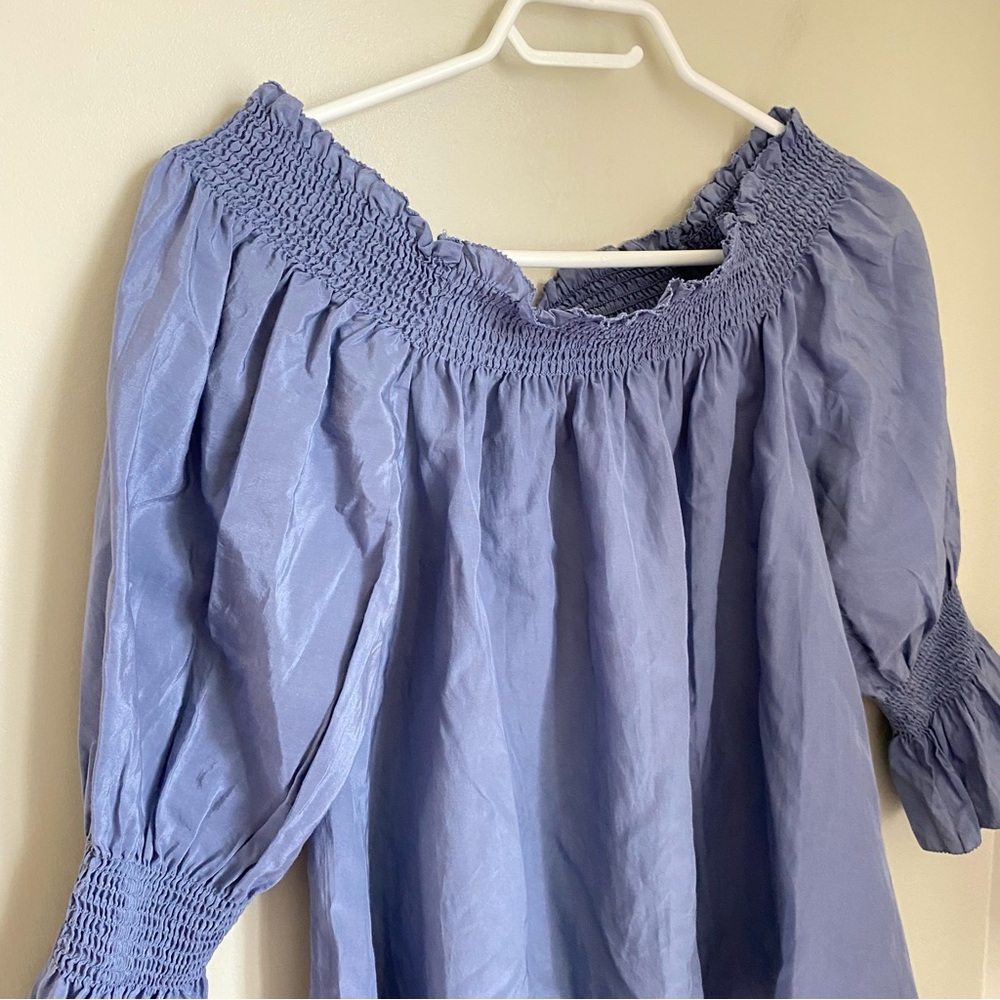 7 FOR ALL MANKIND Silk Off Shoulder Smock Top Blue Size XS Bohemian Cottagecore - Picture 3 of 14